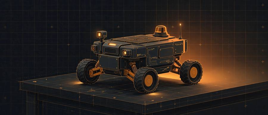 RobotForge — illustration of a rugged four-wheel rover on a workbench, lit in amber